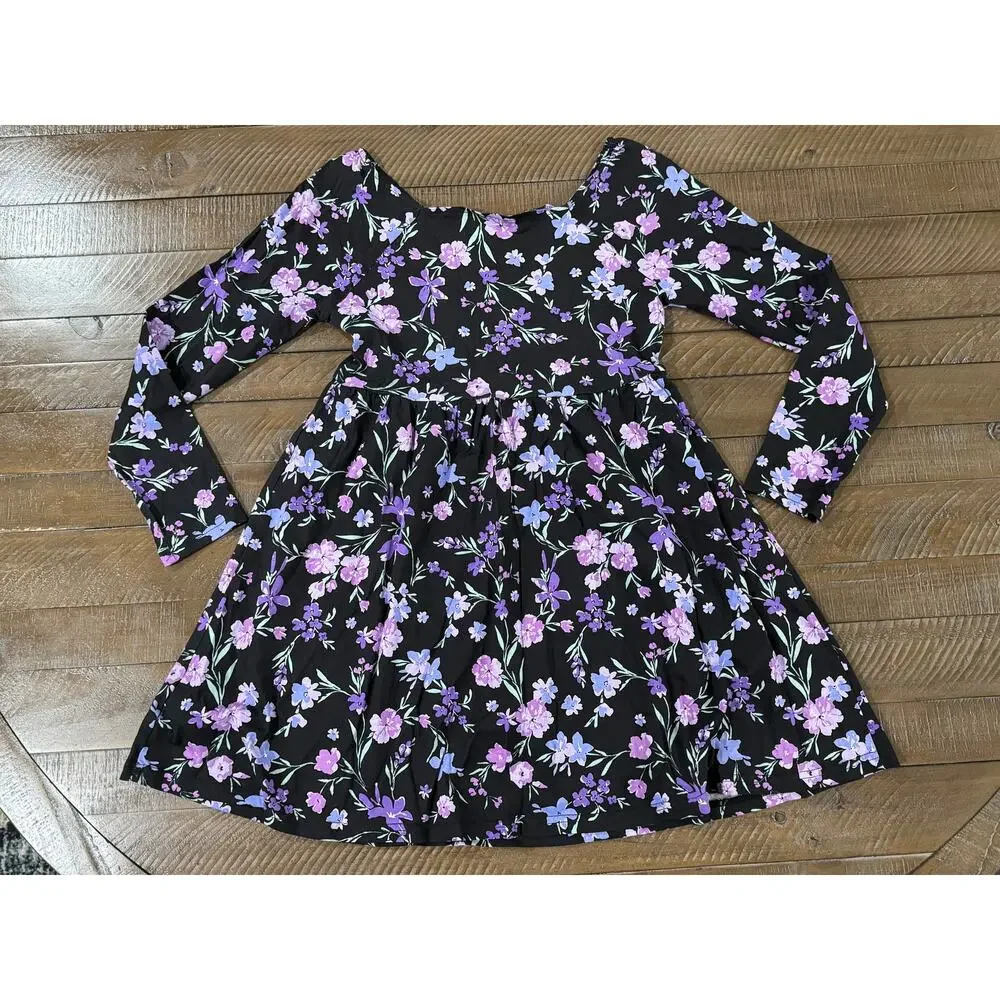 The Children's Place Girls Floral Everyday Dress Black/Purple LARGE (10-12) - Picture 5 of 7
